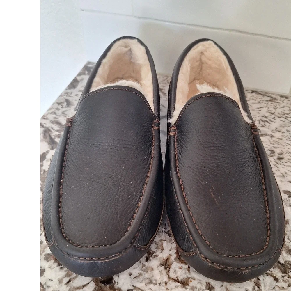 UGG Ascot Leather Casual Foam Footbed Wool Blend‎ Slippers 7EEE Brown Slip On